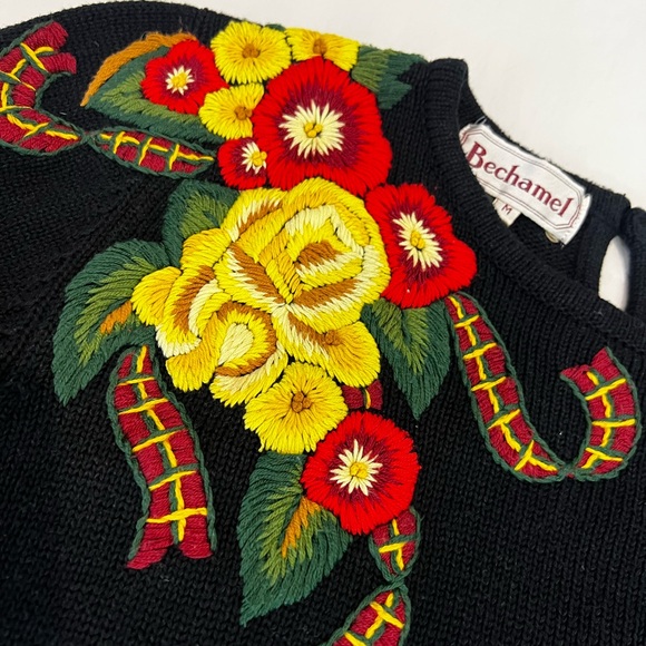 Vintage Bechamel Floral  Embroidered Black Sweater size M - Picture 7 of 11